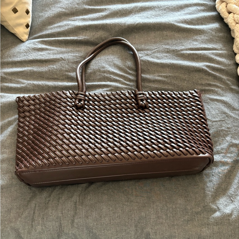 Woven Leather Tote Bag in Dark Brown